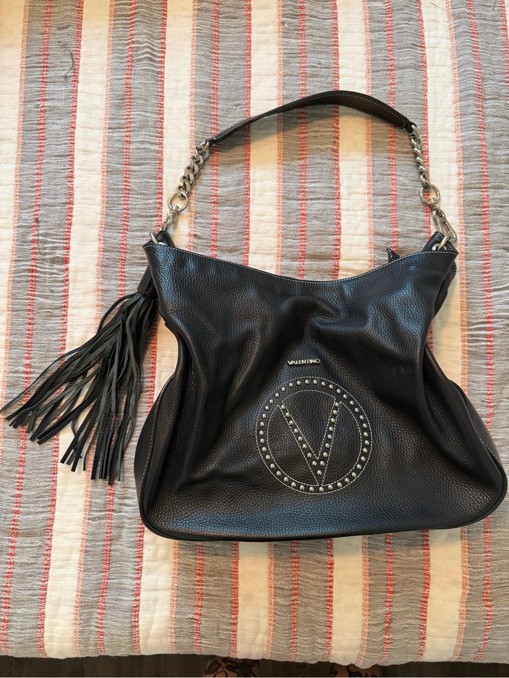 Valentino Black Studded V Tassel Leather Hobo